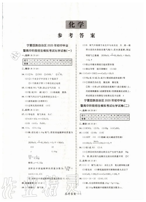贏在中考 寧夏中考考前模擬8套卷化學(xué)答案解析大全
